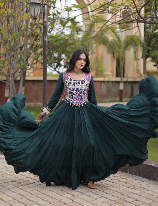 Green Navratri Gown With Embroidery Work