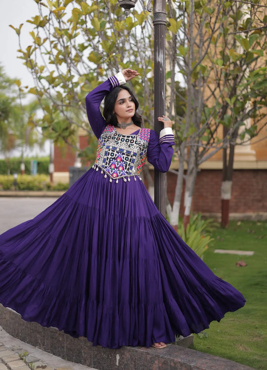 Purple Navratri Gown With Embroidery Work