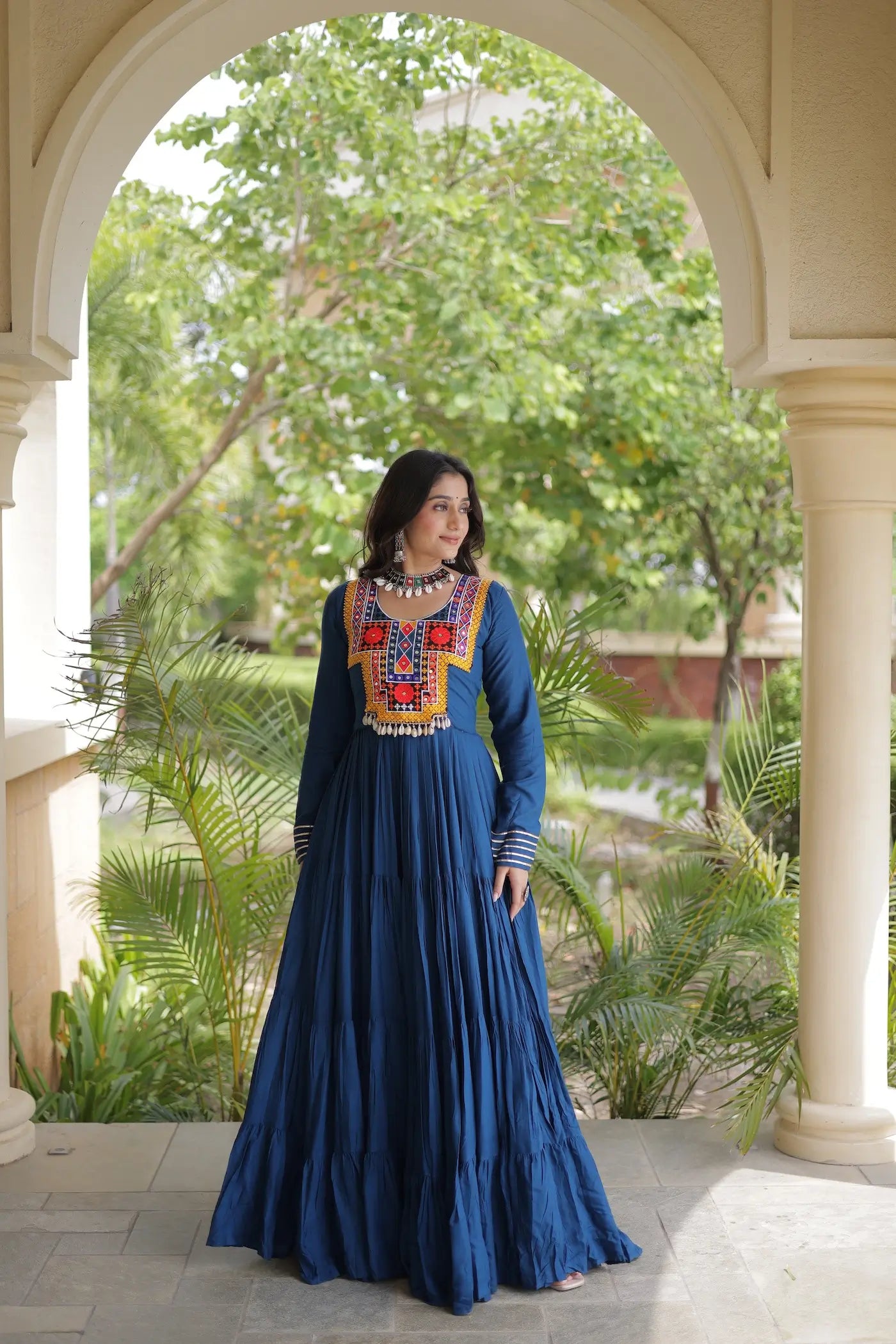 Teal Blue Navratri Gown With Mirror Gamthi Work