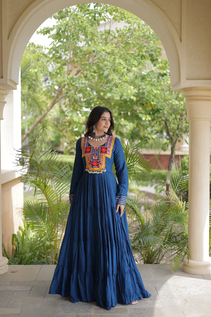 Teal Blue Navratri Gown With Mirror Gamthi Work