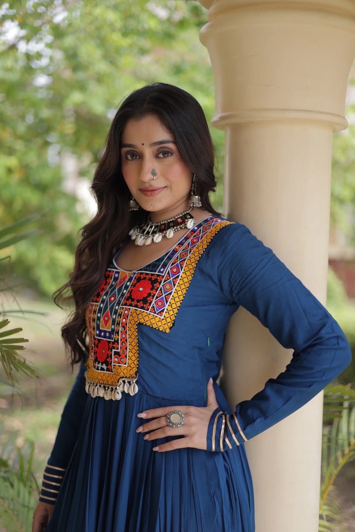 Teal Blue Navratri Gown With Mirror Gamthi Work