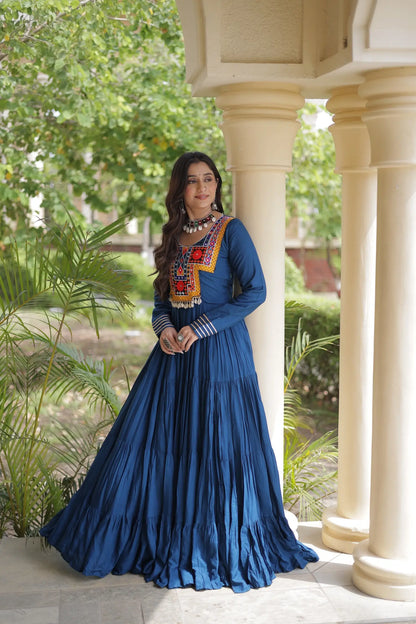 Teal Blue Navratri Gown With Mirror Gamthi Work