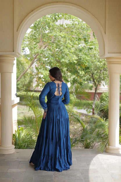 Teal Blue Navratri Gown With Mirror Gamthi Work