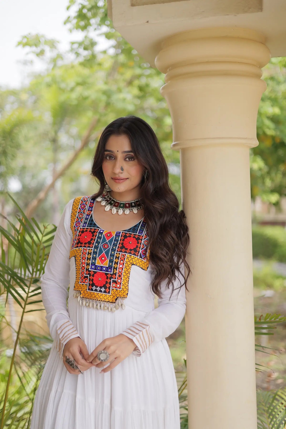White Navratri Gown With Mirror Gamthi Work