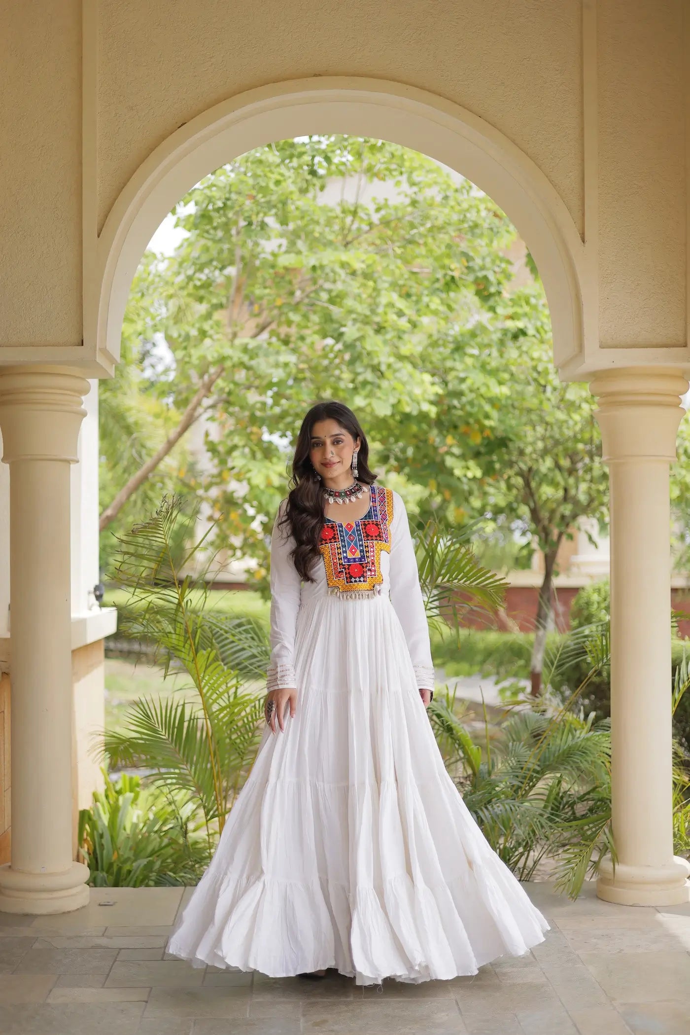 White Navratri Gown With Mirror Gamthi Work