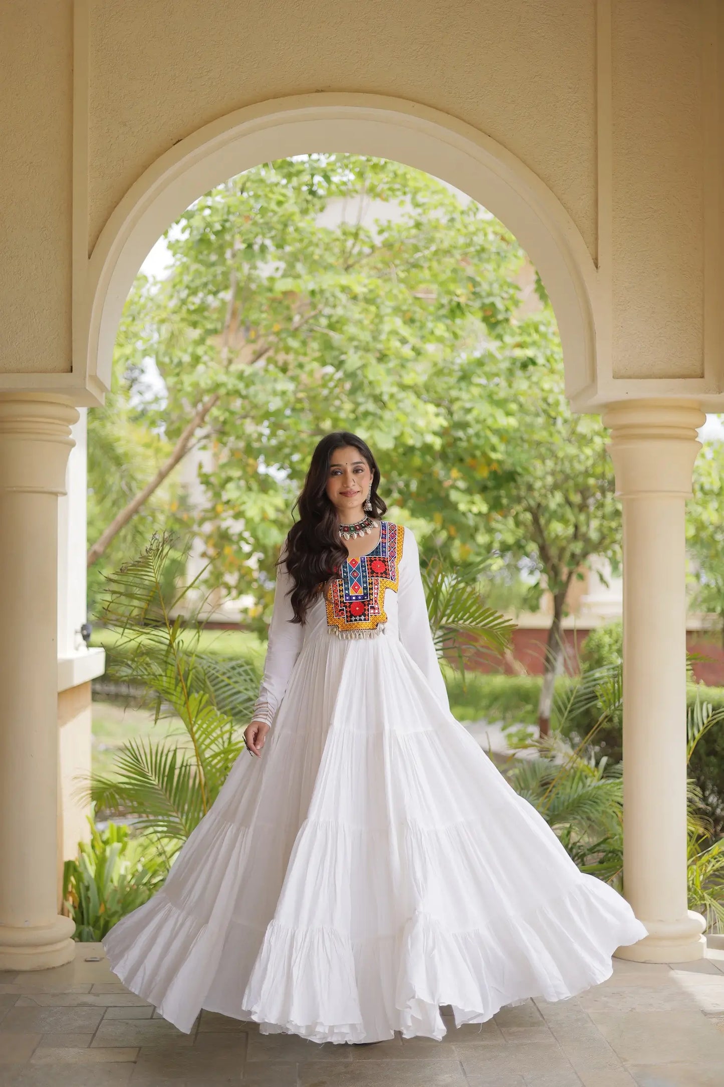 White Navratri Gown With Mirror Gamthi Work