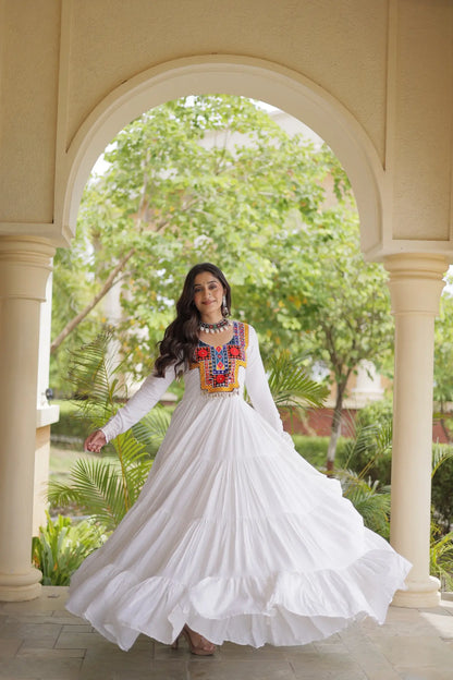 White Navratri Gown With Mirror Gamthi Work