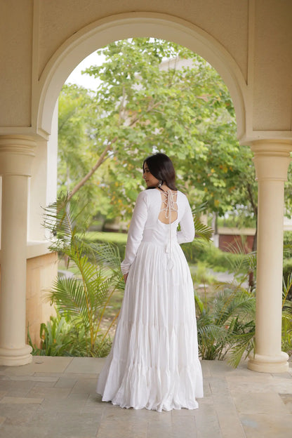White Navratri Gown With Mirror Gamthi Work