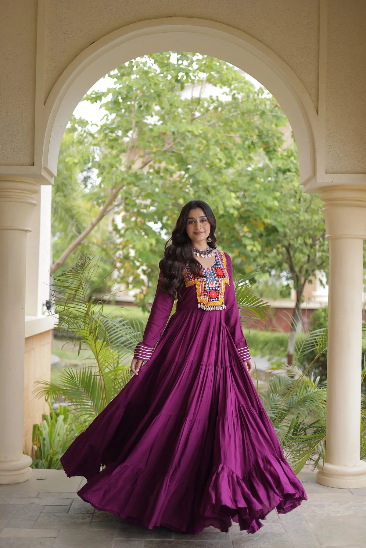 Wine Navratri Gown With Mirror Gamthi Work