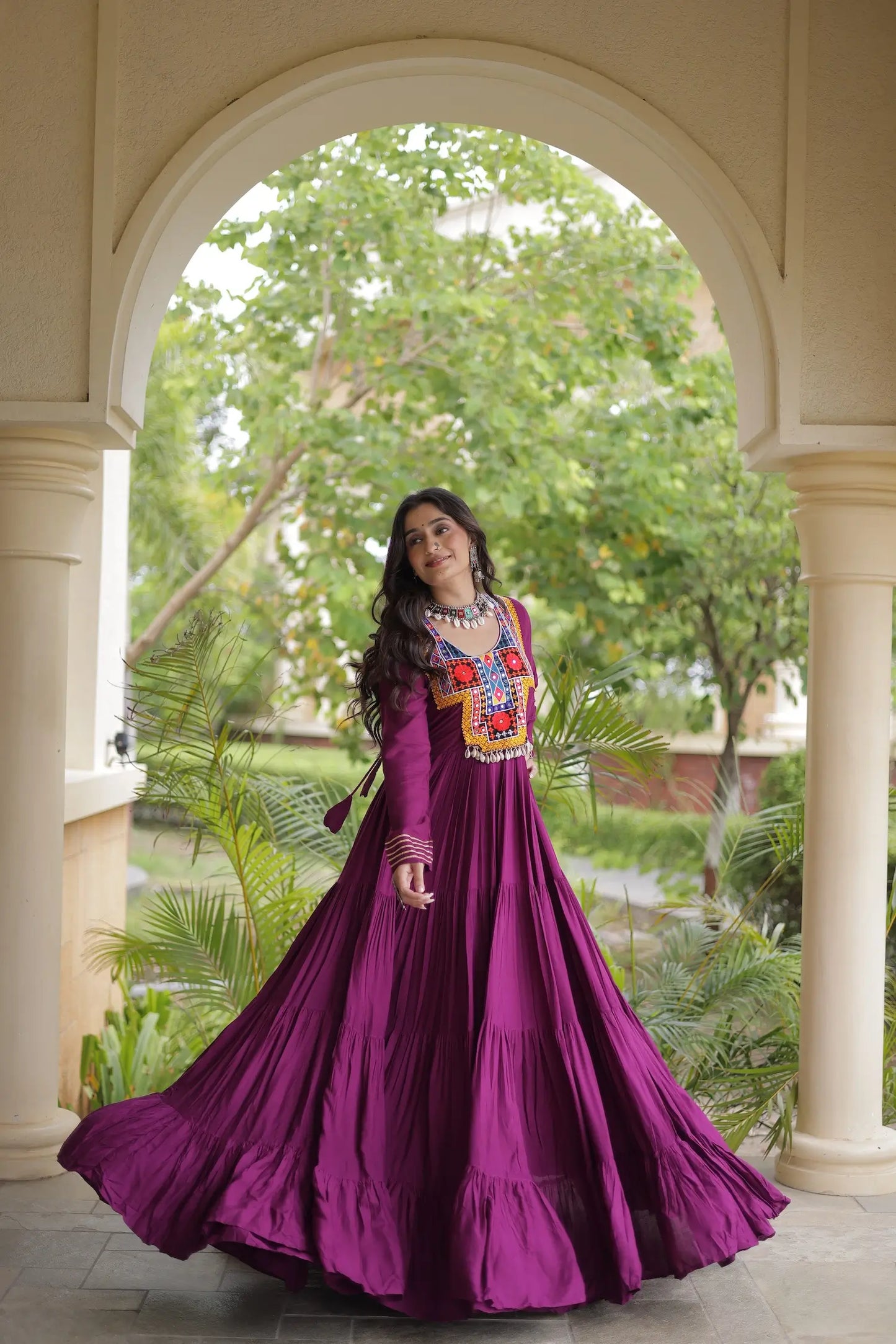 Wine Navratri Gown With Mirror Gamthi Work