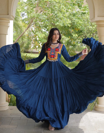 Teal Blue Navratri Gown With Mirror Gamthi Work
