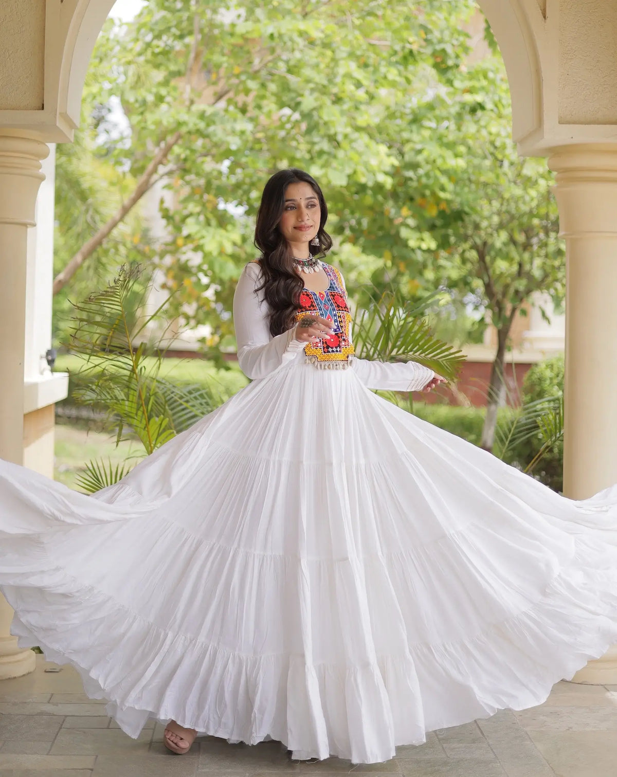 White Navratri Gown With Mirror Gamthi Work