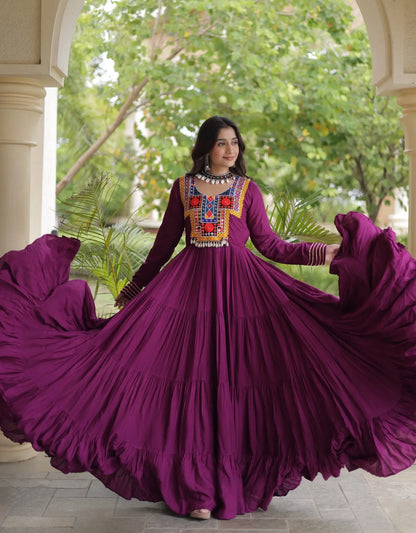 Wine Navratri Gown With Mirror Gamthi Work