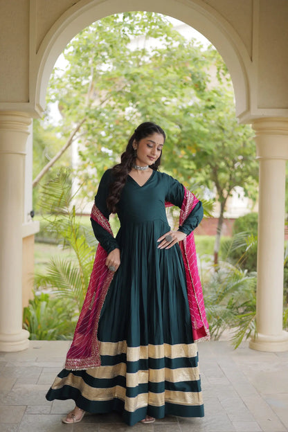 Green Navratri Gown With Embroidered Dupatta