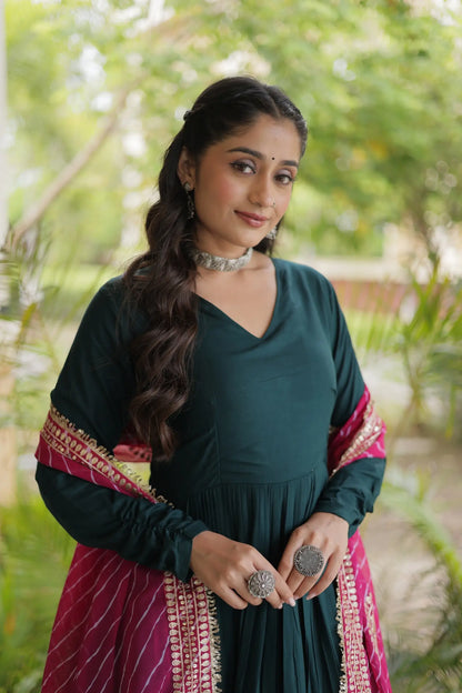 Green Navratri Gown With Embroidered Dupatta