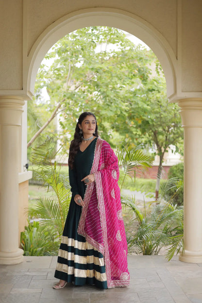 Green Navratri Gown With Embroidered Dupatta