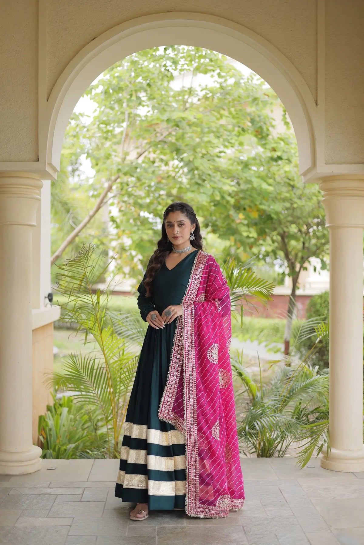 Green Navratri Gown With Embroidered Dupatta