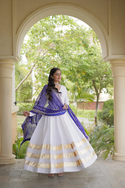 White Navratri Gown With Embroidered Dupatta