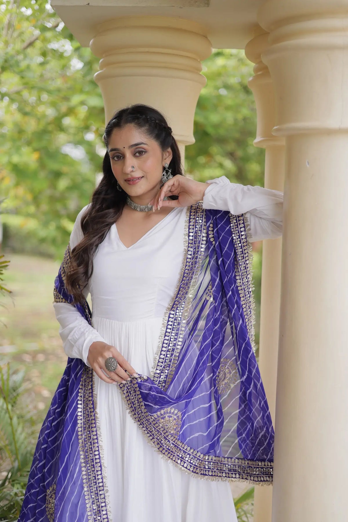 White Navratri Gown With Embroidered Dupatta