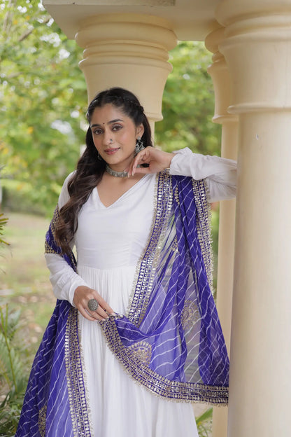 White Navratri Gown With Embroidered Dupatta