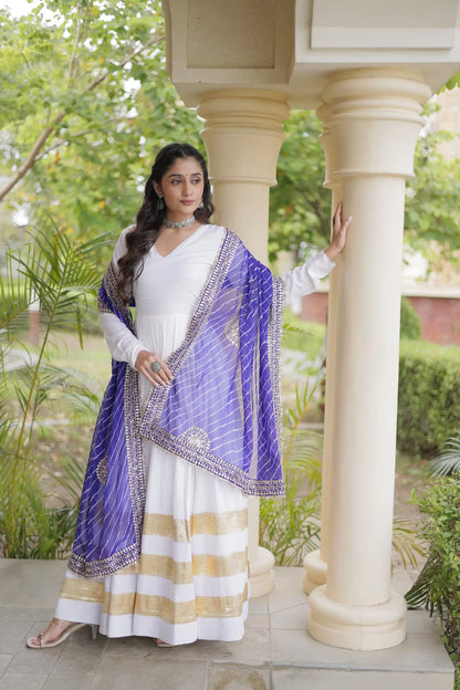 White Navratri Gown With Embroidered Dupatta