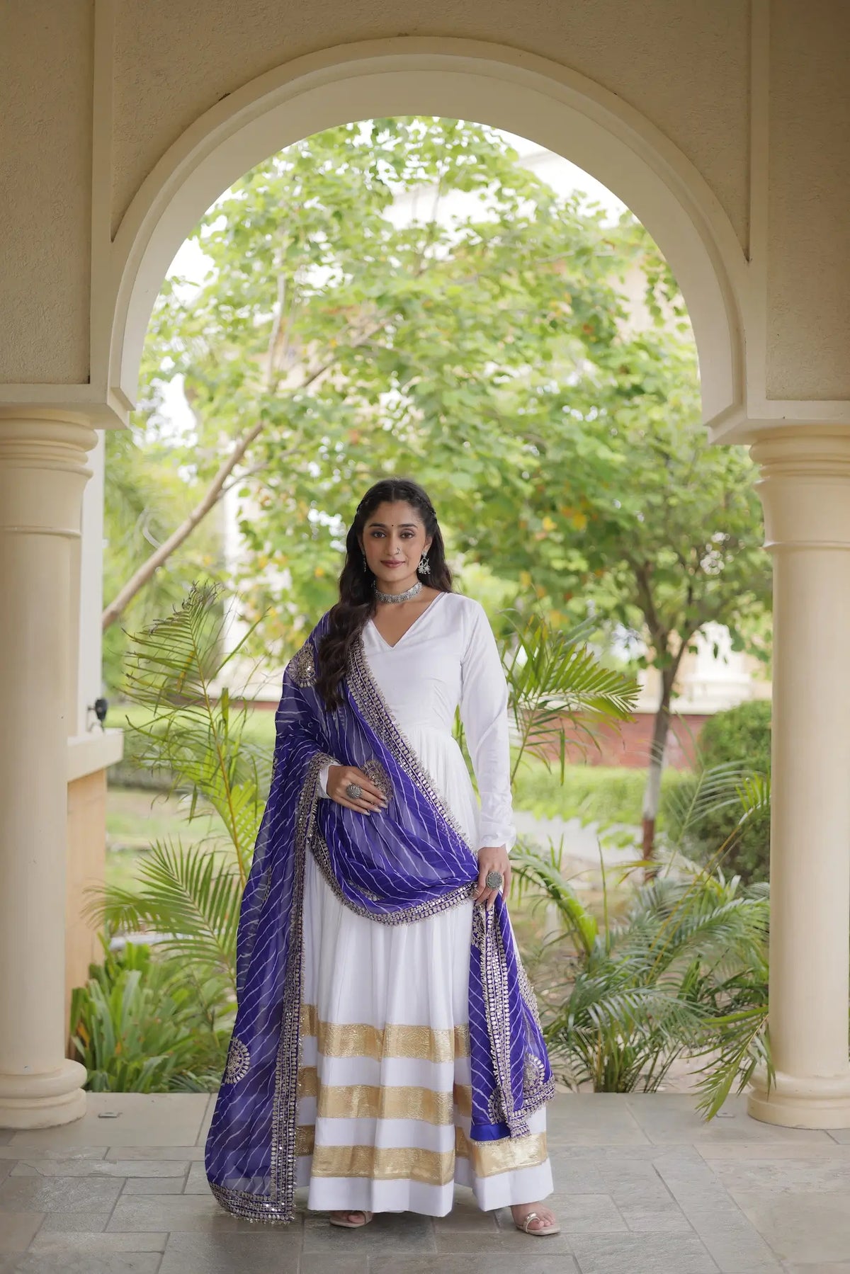 White Navratri Gown With Embroidered Dupatta