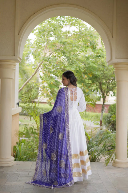 White Navratri Gown With Embroidered Dupatta