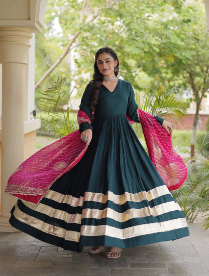 Green Navratri Gown With Embroidered Dupatta