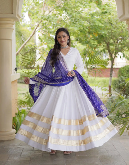 White Navratri Gown With Embroidered Dupatta