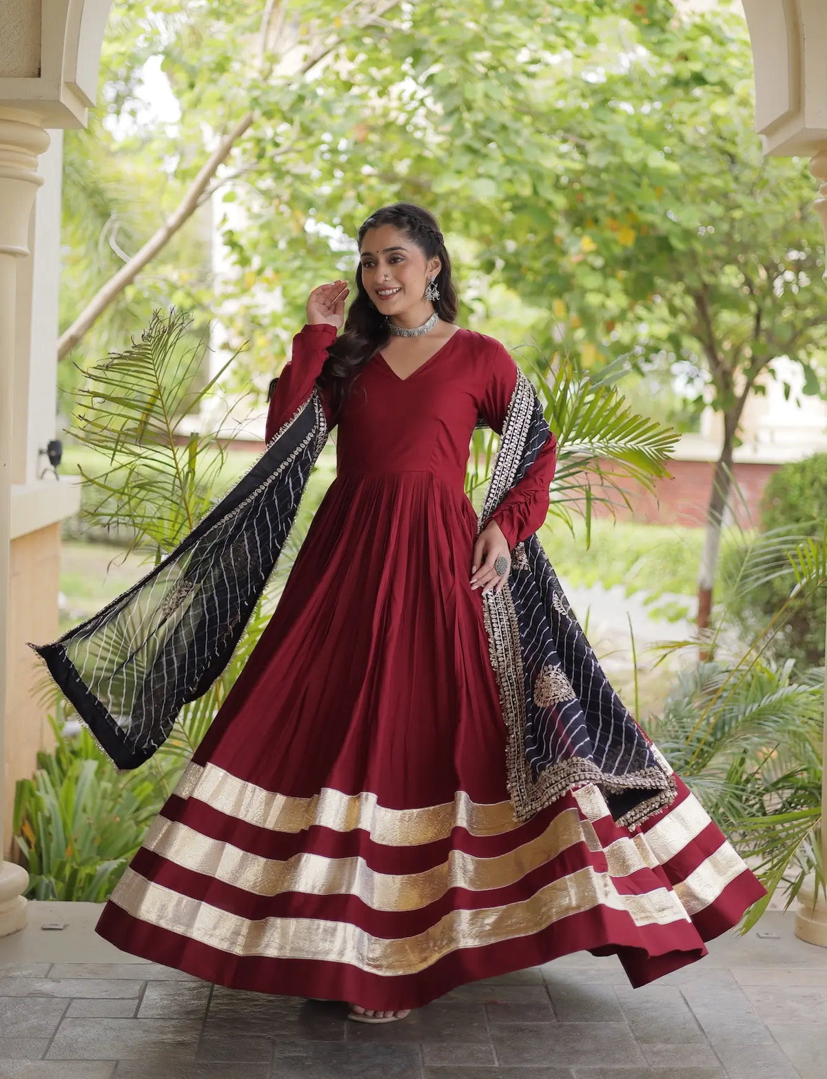 Maroon Navratri Gown With Embroidered Dupatta