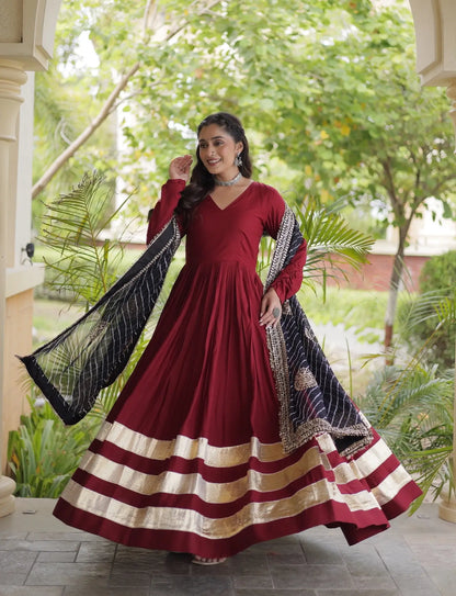 Maroon Navratri Gown With Embroidered Dupatta