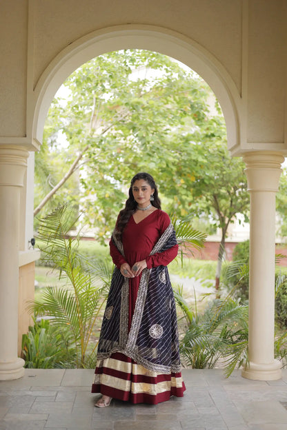 Maroon Navratri Gown With Embroidered Dupatta