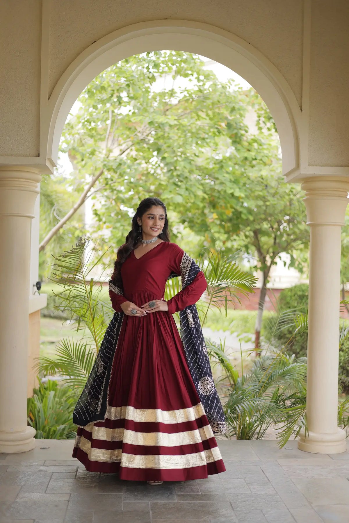 Maroon Navratri Gown With Embroidered Dupatta