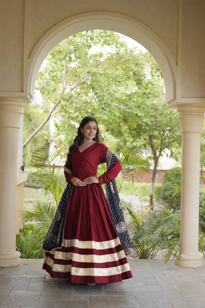 Maroon Navratri Gown With Embroidered Dupatta