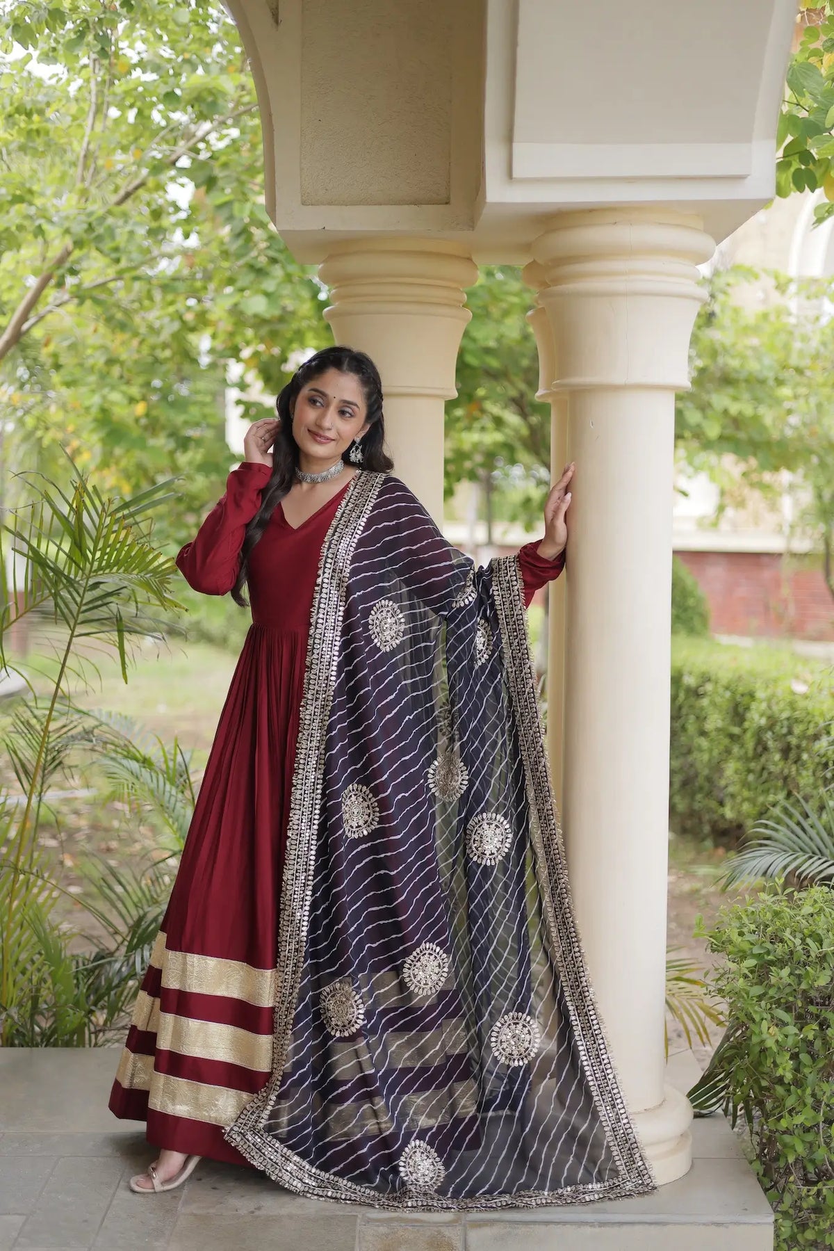 Maroon Navratri Gown With Embroidered Dupatta