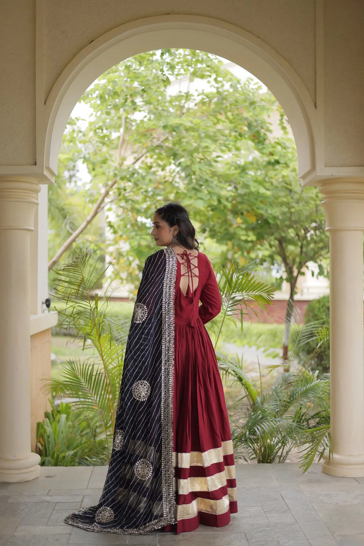 Maroon Navratri Gown With Embroidered Dupatta