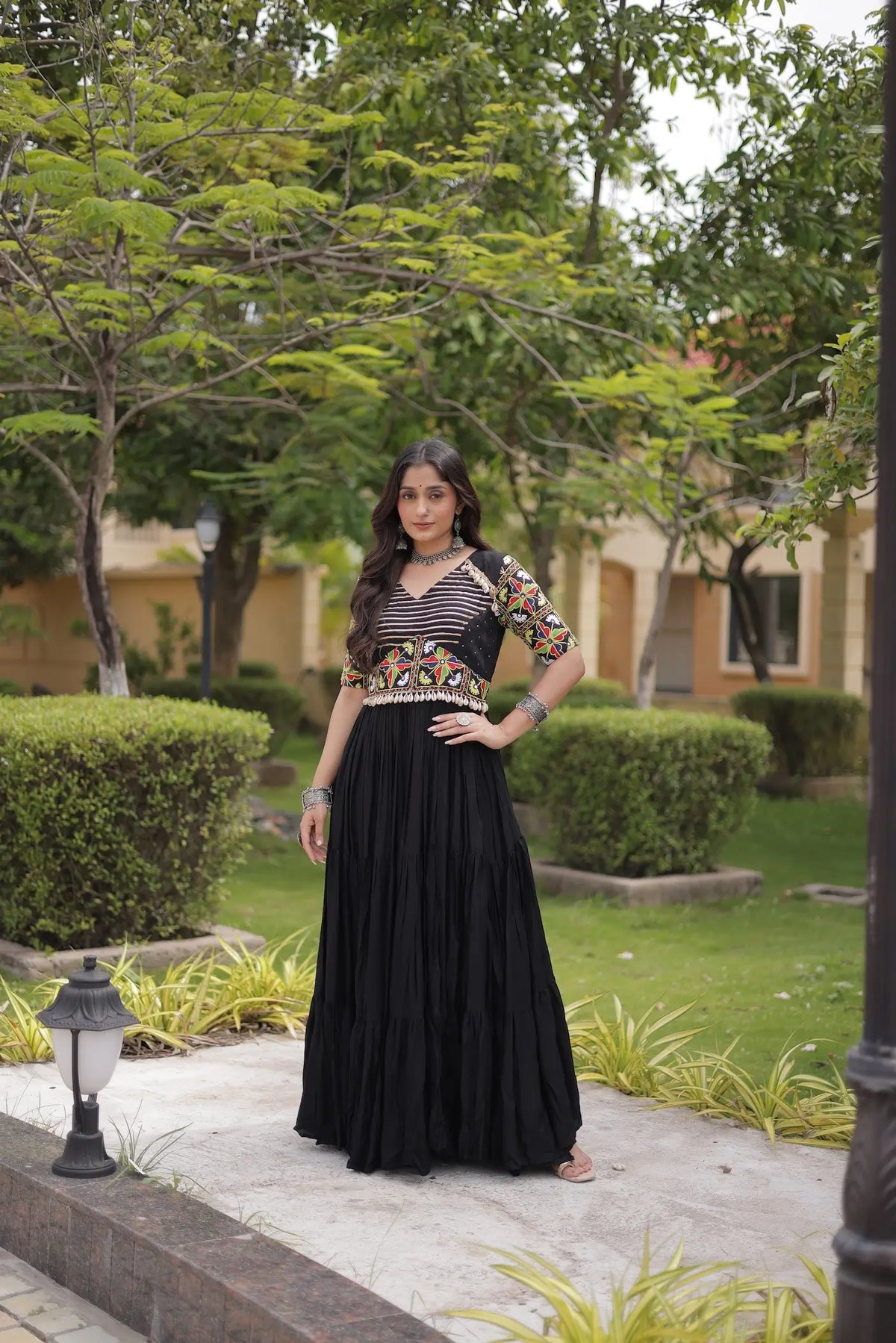 Black Kutchi Gamthi Work Gown With Lace Touch Up