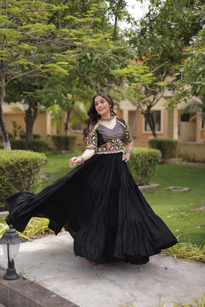 Black Kutchi Gamthi Work Gown With Lace Touch Up
