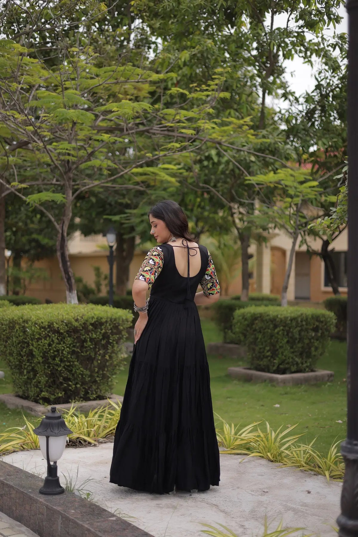 Black Kutchi Gamthi Work Gown With Lace Touch Up