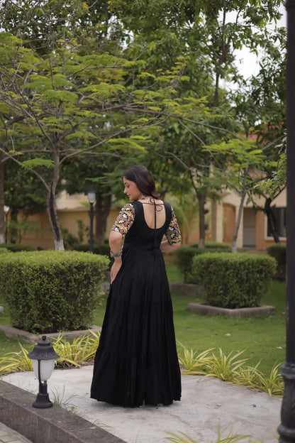 Black Kutchi Gamthi Work Gown With Lace Touch Up