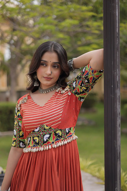 Rust Kutchi Gamthi Work Gown With Lace Touch Up