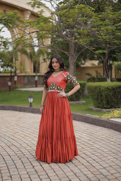 Rust Kutchi Gamthi Work Gown With Lace Touch Up