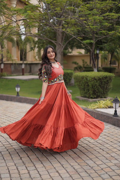 Rust Kutchi Gamthi Work Gown With Lace Touch Up