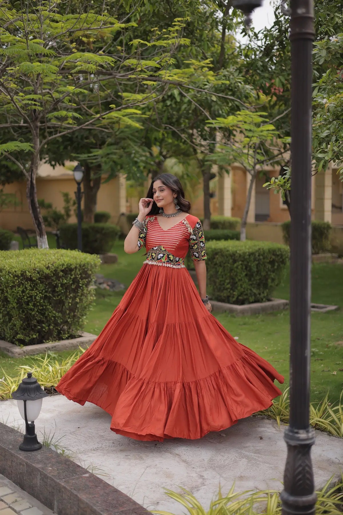 Rust Kutchi Gamthi Work Gown With Lace Touch Up