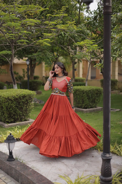 Rust Kutchi Gamthi Work Gown With Lace Touch Up