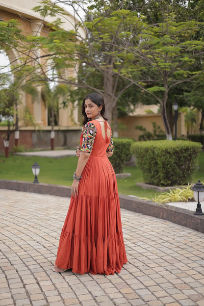 Rust Kutchi Gamthi Work Gown With Lace Touch Up