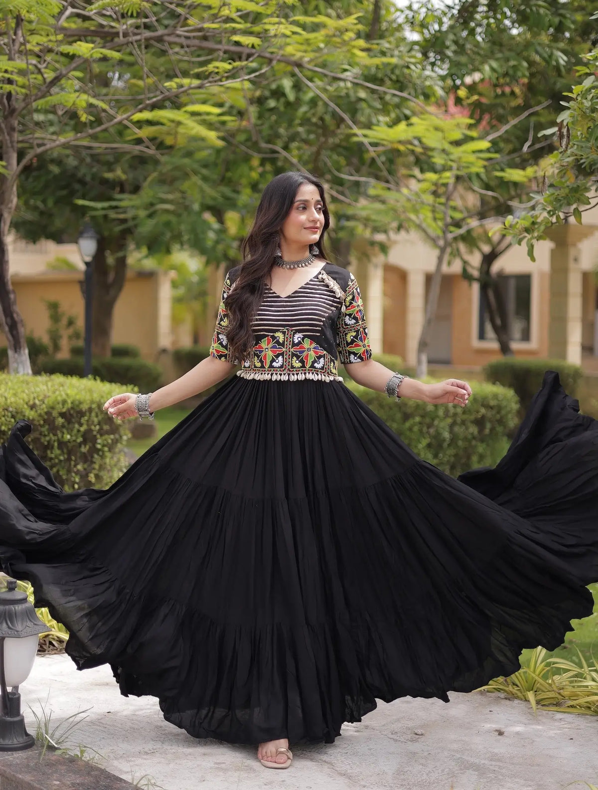 Black Kutchi Gamthi Work Gown With Lace Touch Up