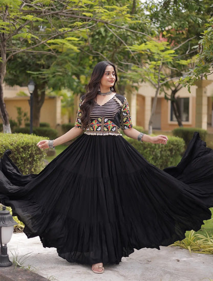 Black Kutchi Gamthi Work Gown With Lace Touch Up