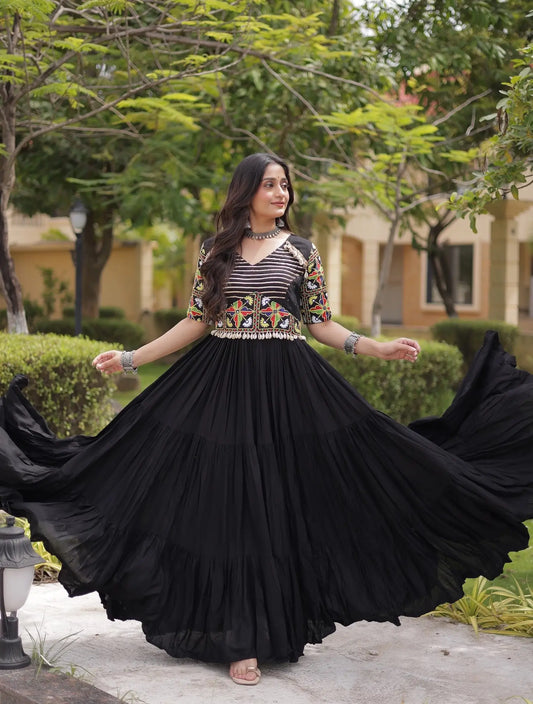 Black Kutchi Gamthi Work Gown With Lace Touch Up