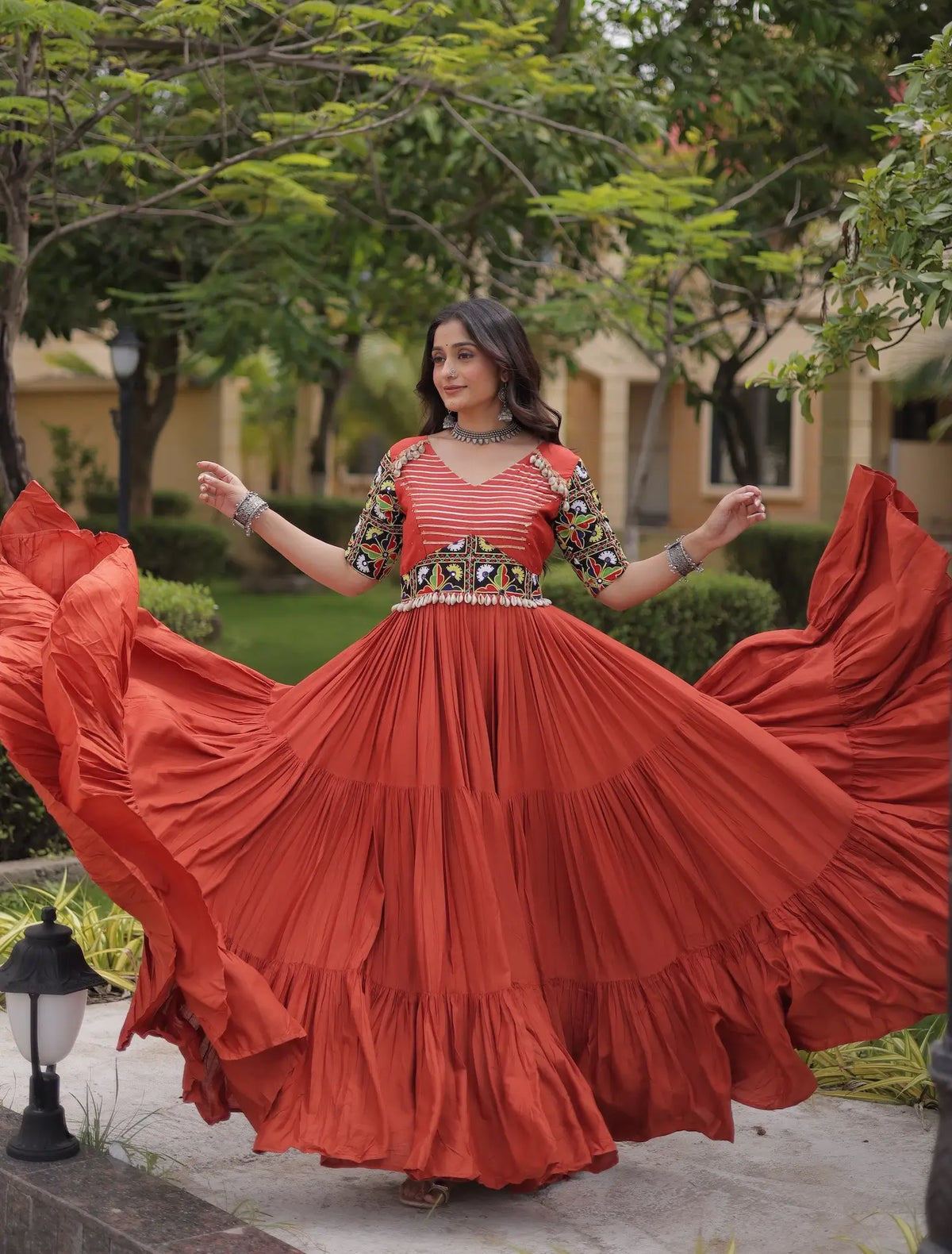 Rust Kutchi Gamthi Work Gown With Lace Touch Up